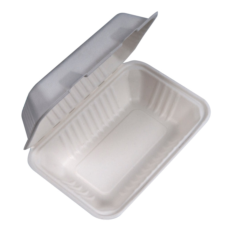 Compostable Clamshell Hinged Food Containers - 9" x 6" x 3" - 200/Case - TheBuyersClub.ca