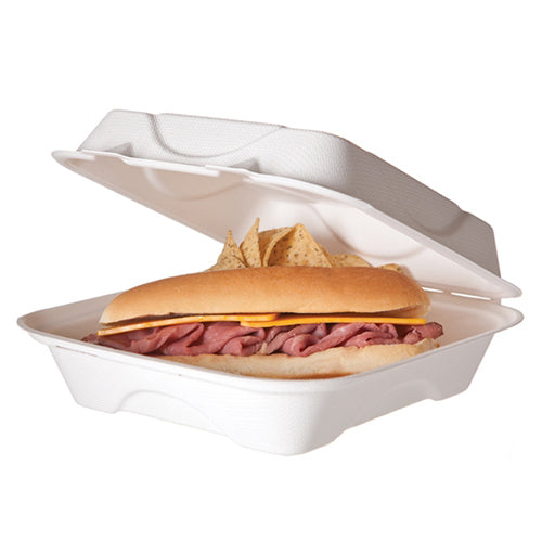 8" Sugarcane Bagasse Clamshell Meal Container - 50/Pack - TheBuyersClub.ca