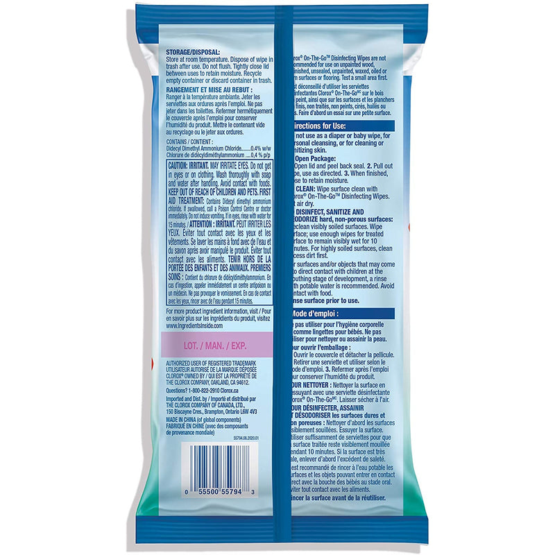 Clorox On-The-Go Disinfecting Wipes, Fresh Meadow, 30 Count - TheBuyersClub.ca